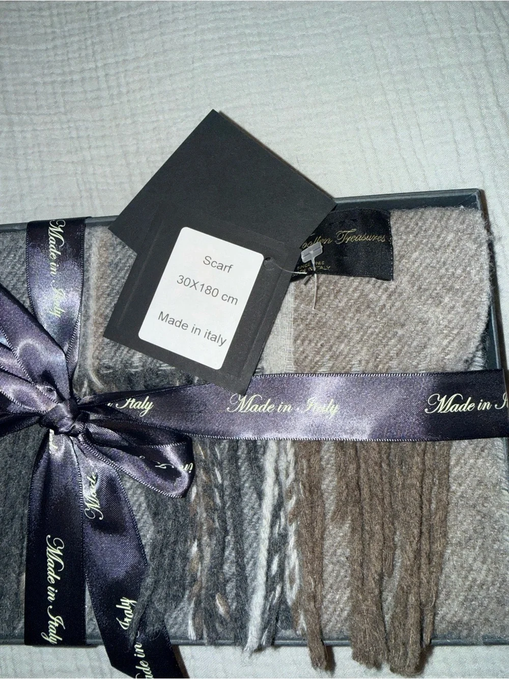 Italian Woollen Treasures Scarf 100% Wool Made in Italy Black Gray Men's Scarf